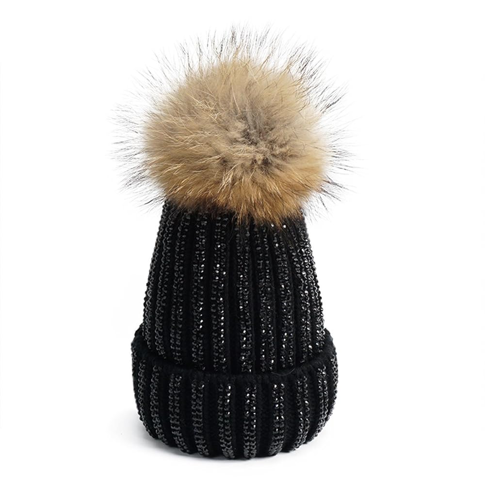 Lawliet Lady Rhinestone Bling Pom Pom Knit Snow Beanie Ski